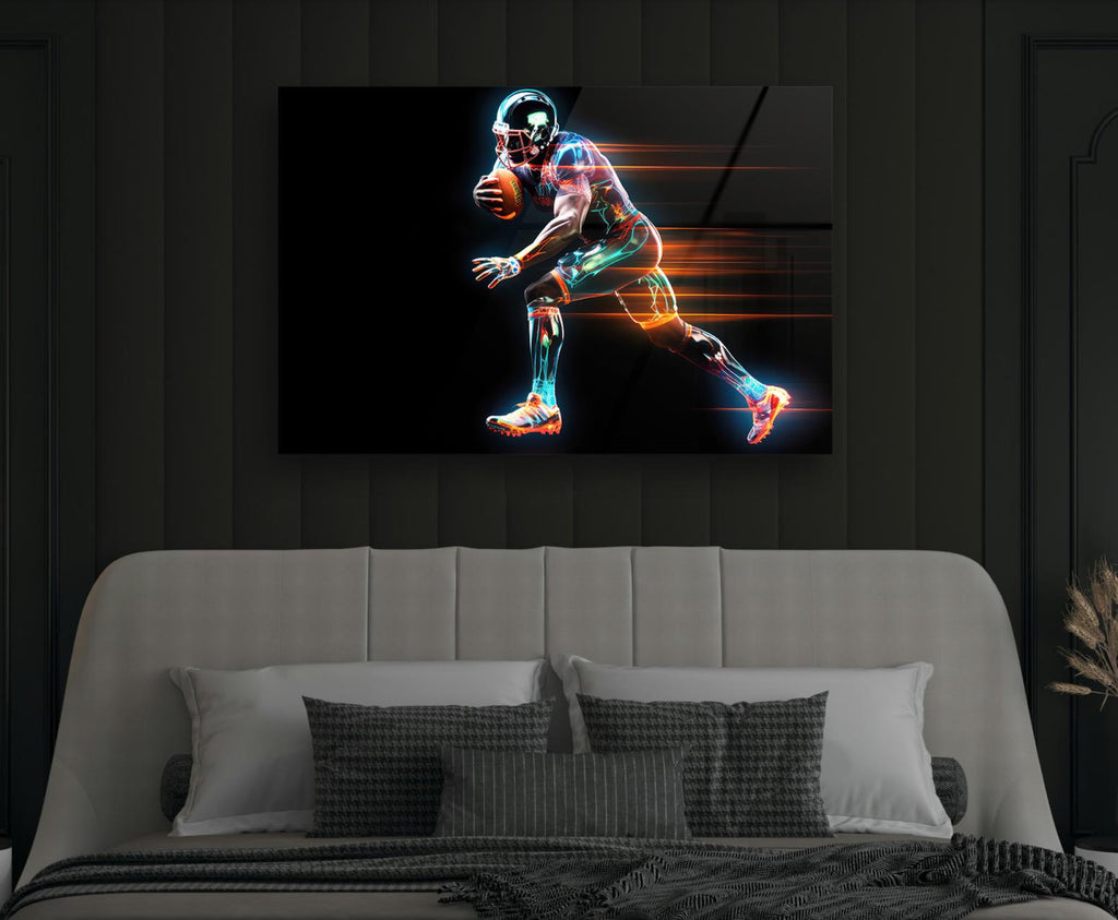 Neon American Football Player Glass Wall Art in a modern interior