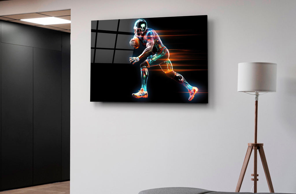 Neon American Football Player Glass Wall Art on the wall