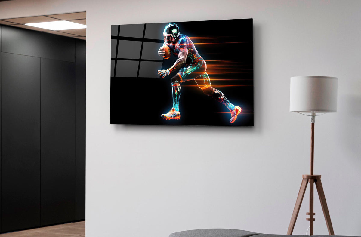 Neon American Football Player Glass Wall Art on the wall