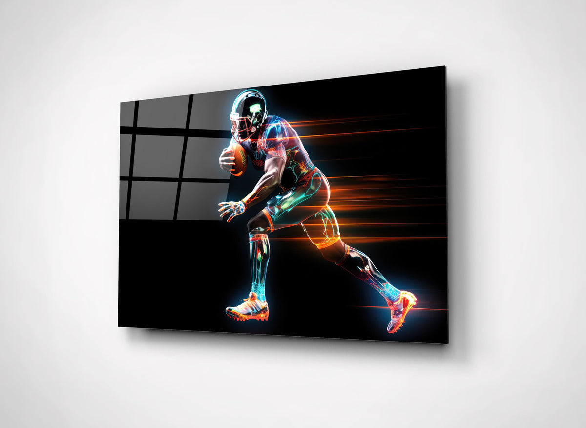 Neon American Football Player Glass Wall Art close-up