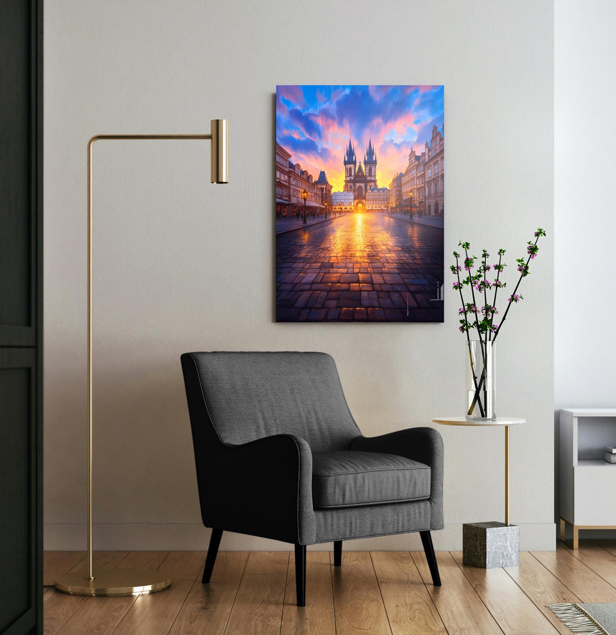 Prague Old Town Sunset Glass Wall Art in a living room interior