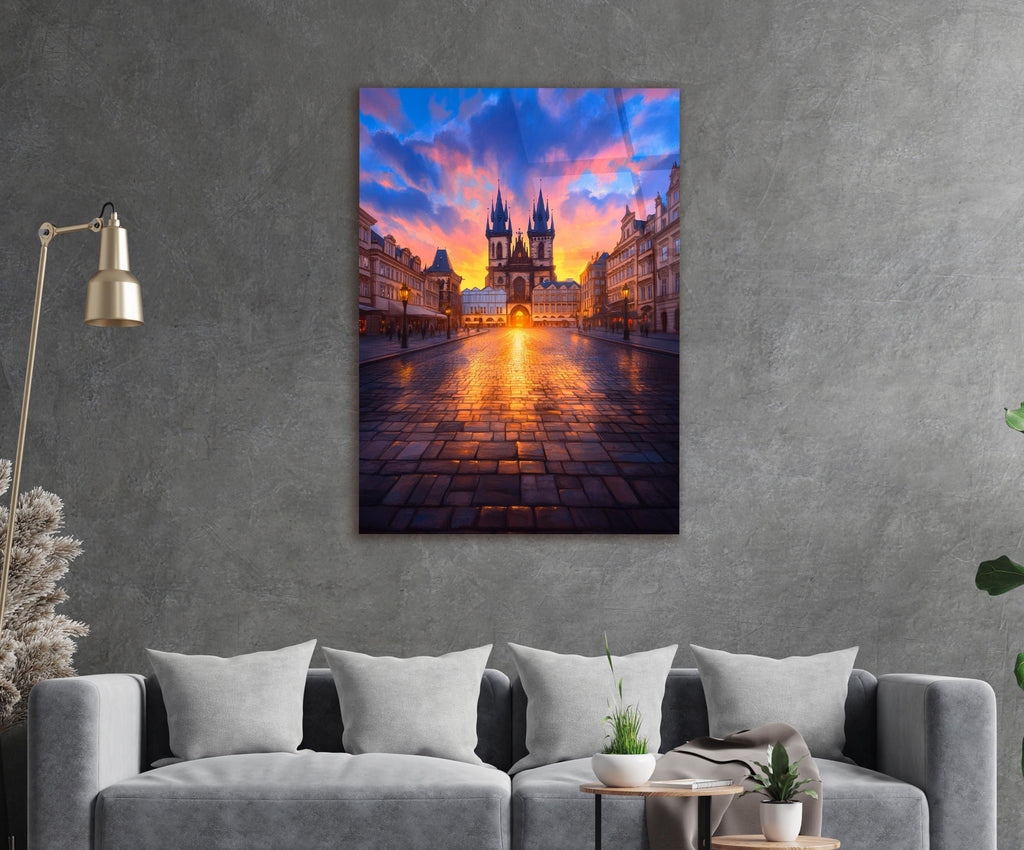 Prague Old Town Sunset Glass Wall Art in a modern interior