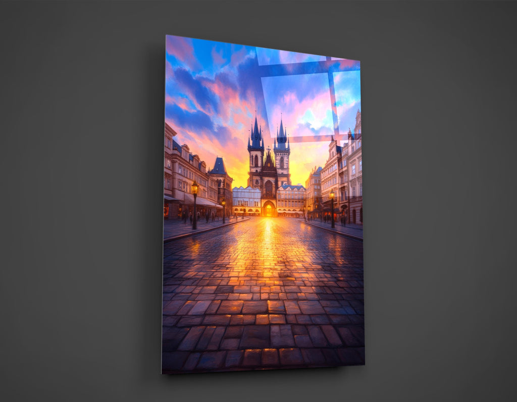 Prague Old Town Sunset Glass Wall Art close-up