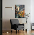 European Street Market Glass Wall Art in a living room interior