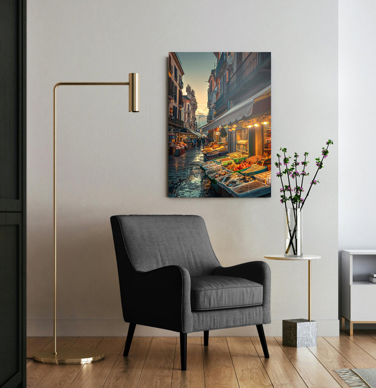 European Street Market Glass Wall Art in a living room interior