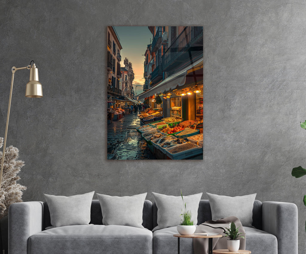 European Street Market Glass Wall Art in a modern interior