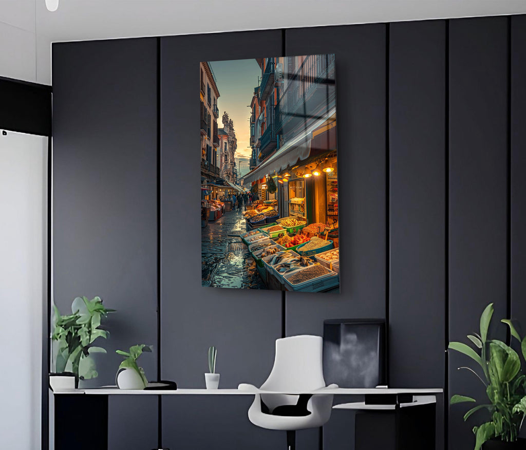 European Street Market Glass Wall Art on the wall
