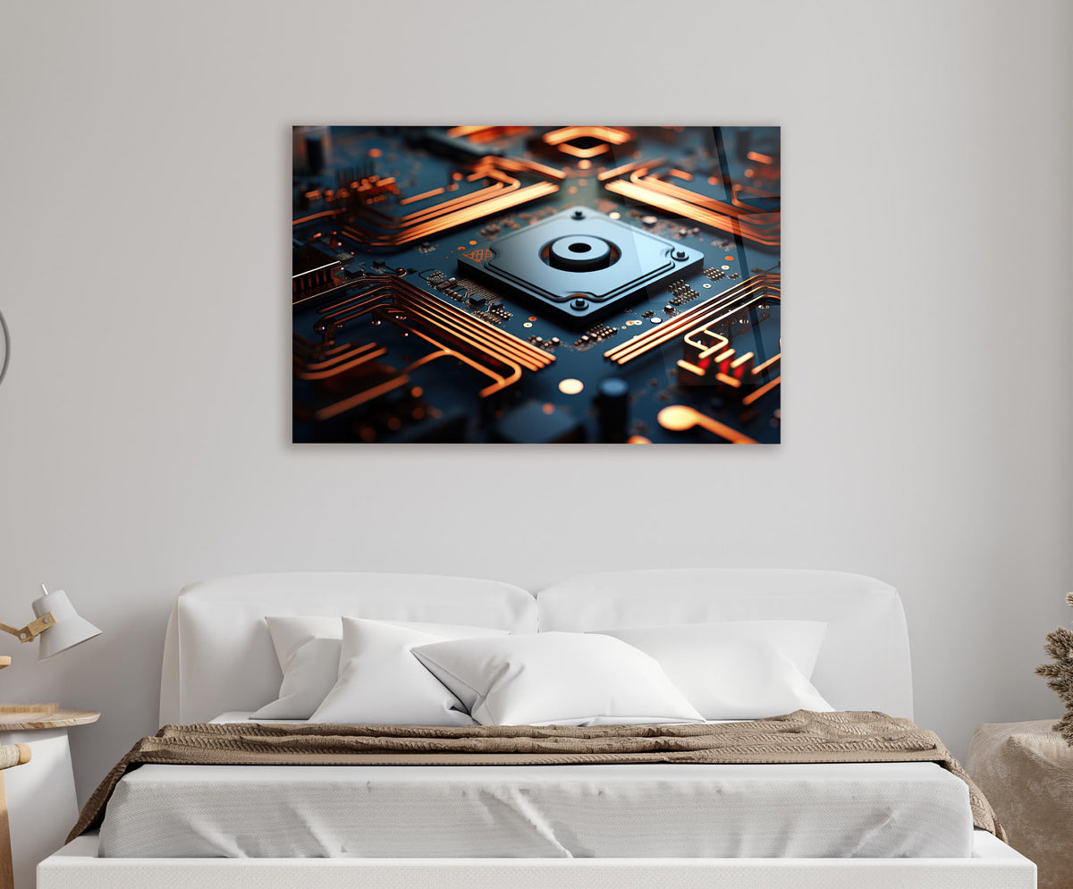 Copper Circuit Board Glass Wall Art in a living room interior