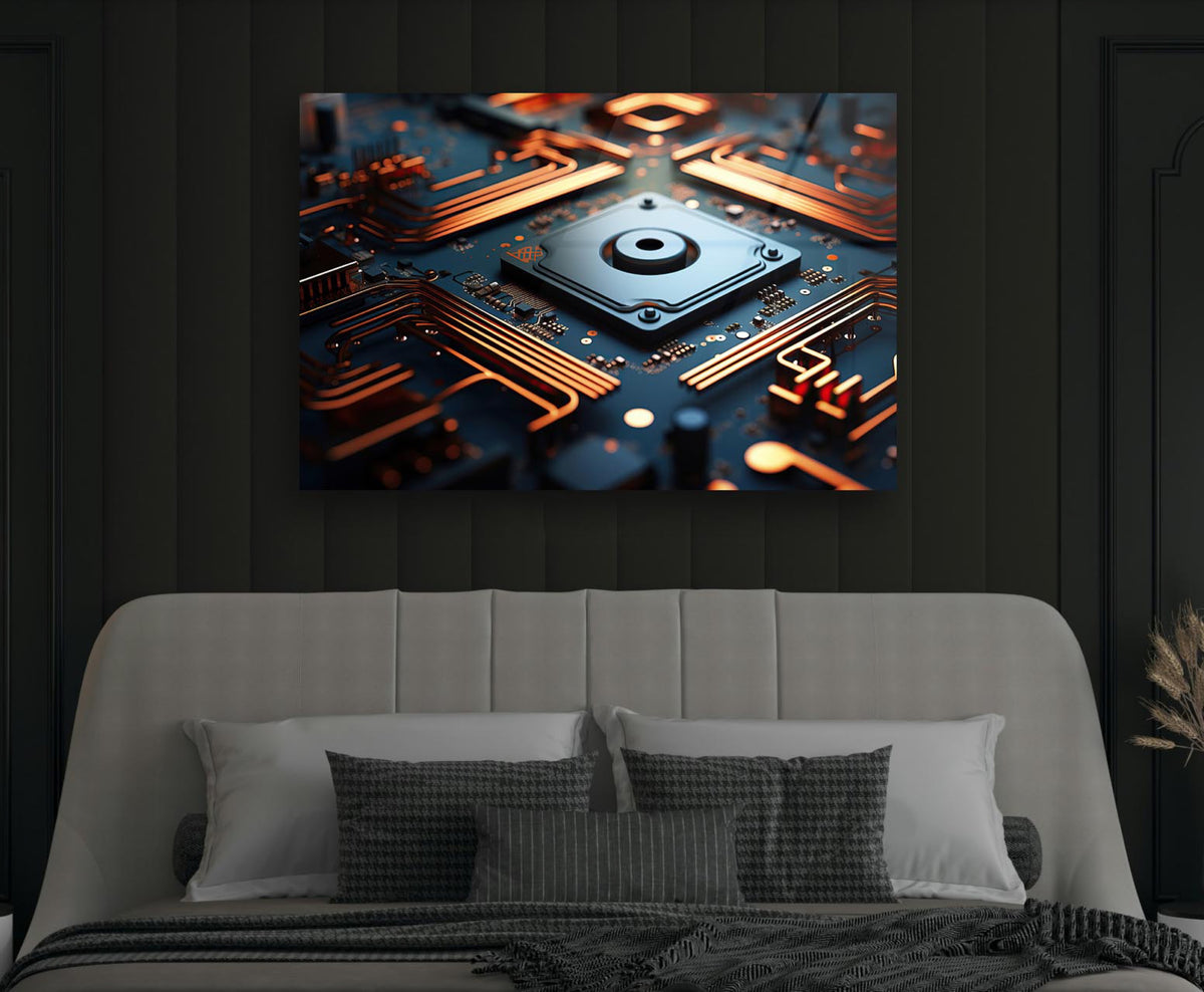 Copper Circuit Board Glass Wall Art in a modern interior
