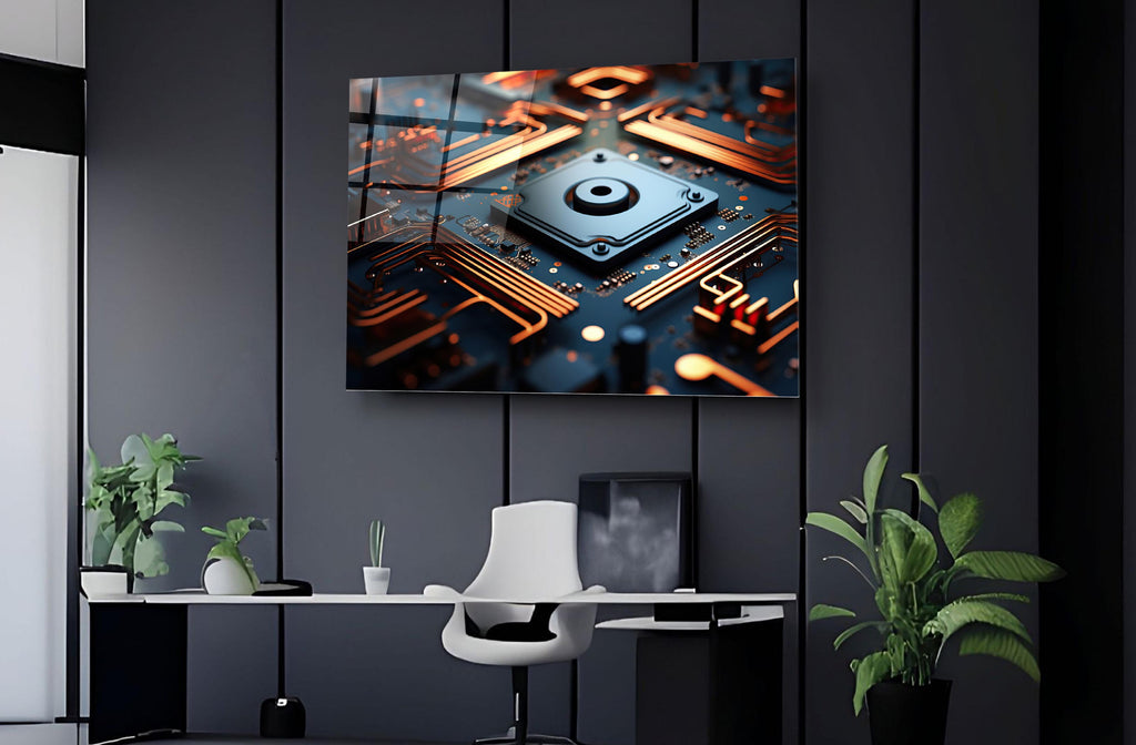 Copper Circuit Board Glass Wall Art on the wall