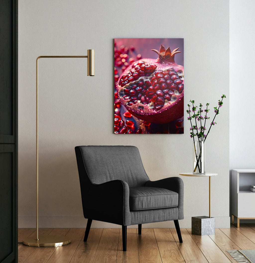 Juicy Pomegranate Glass Wall Art in a living room interior