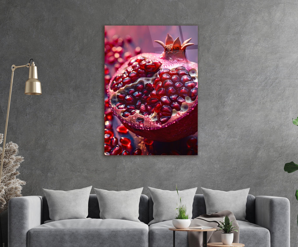Juicy Pomegranate Glass Wall Art in a modern interior