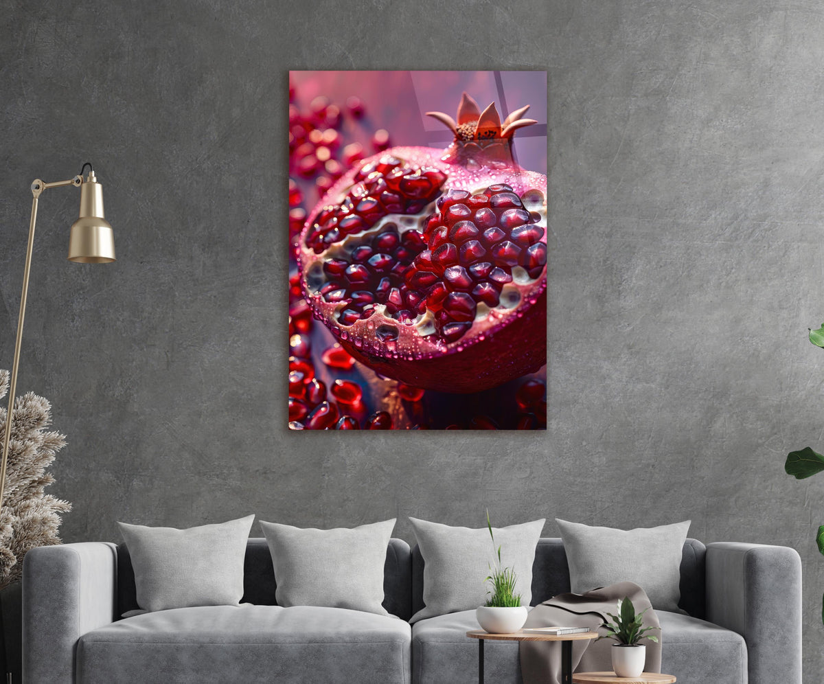 Juicy Pomegranate Glass Wall Art in a modern interior
