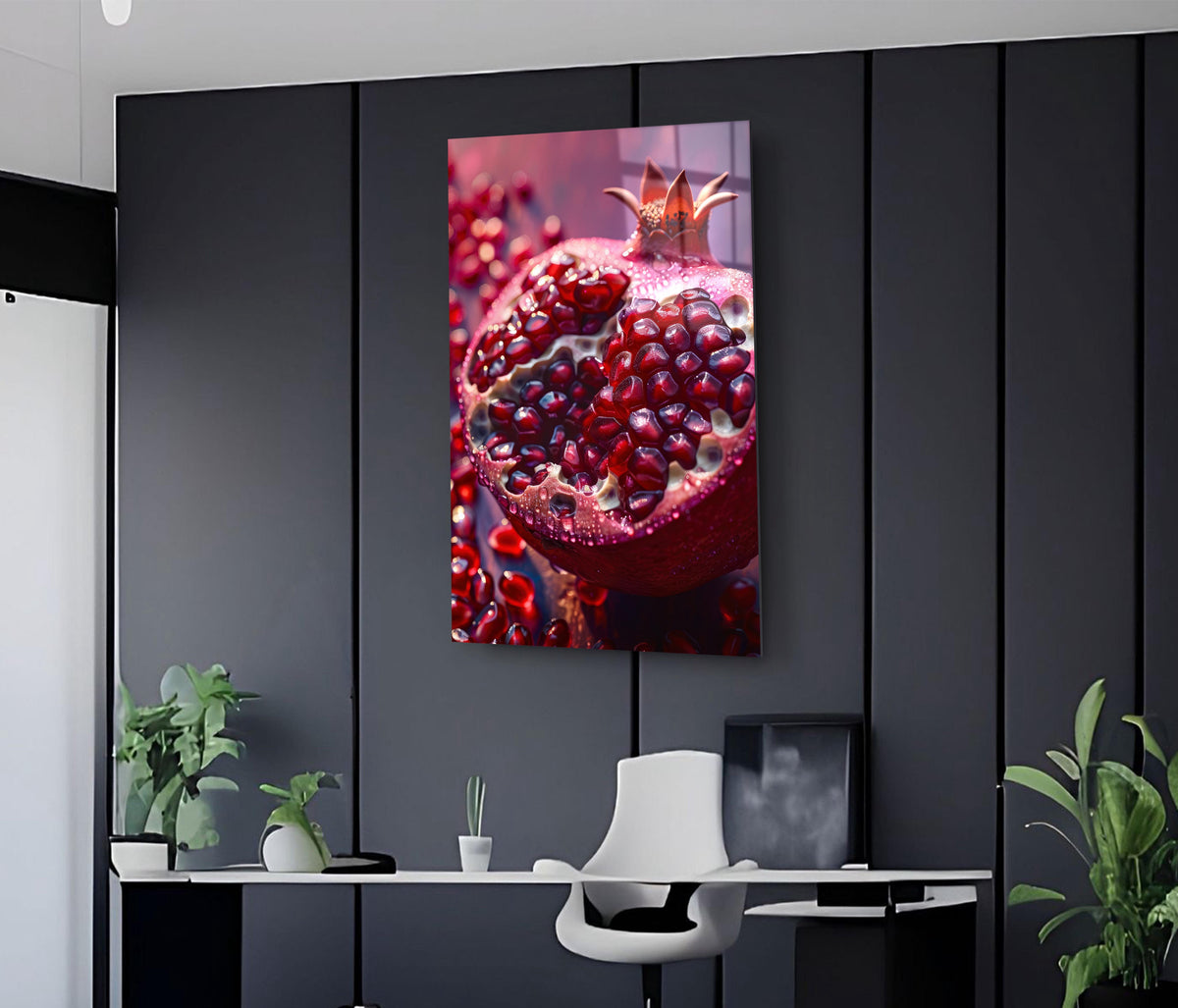 Juicy Pomegranate Glass Wall Art on the wall