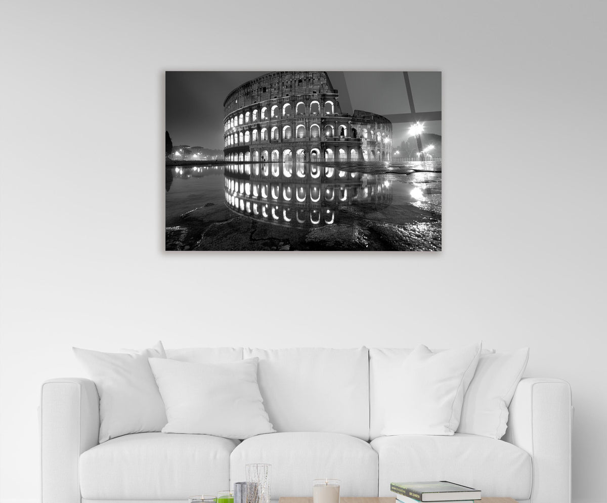 Colosseum at Night Black and White Glass Wall Art in a living room interior