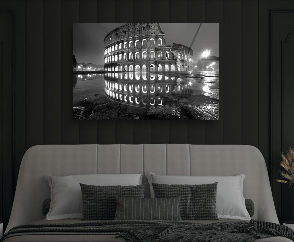 Colosseum at Night Black and White Glass Wall Art in a modern interior