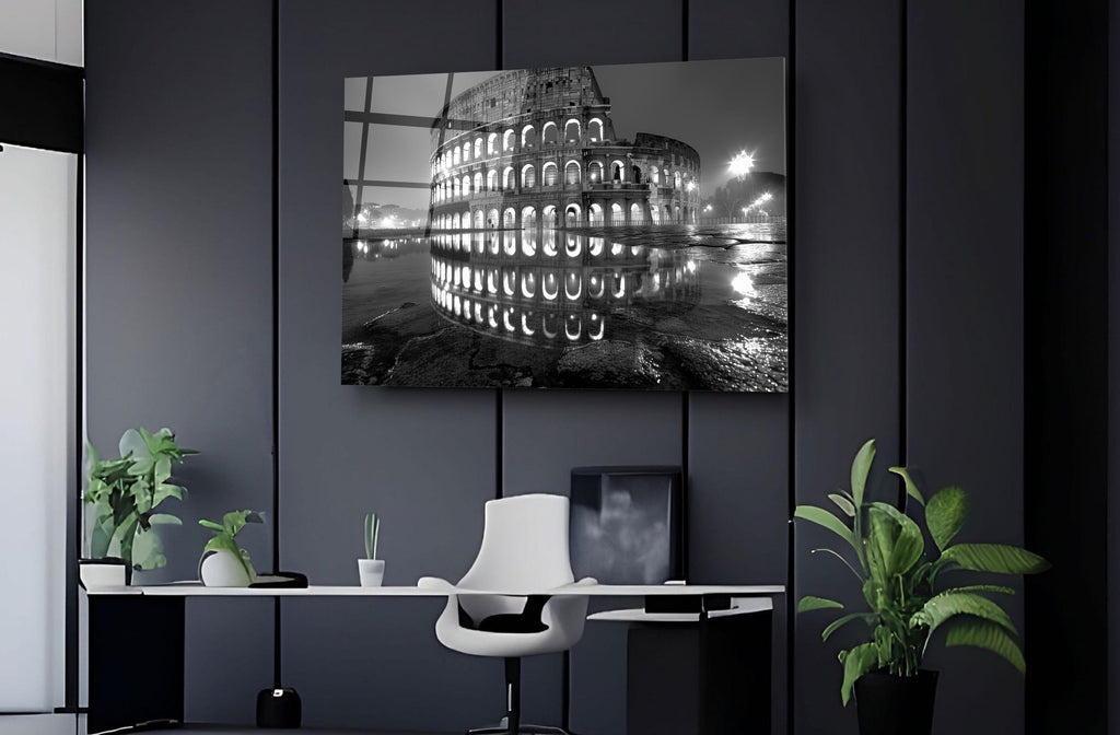 Colosseum at Night Black and White Glass Wall Art on the wall