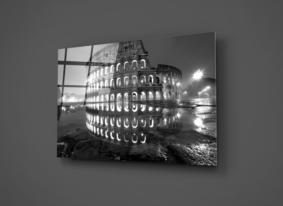 Colosseum at Night Black and White Glass Wall Art close-up