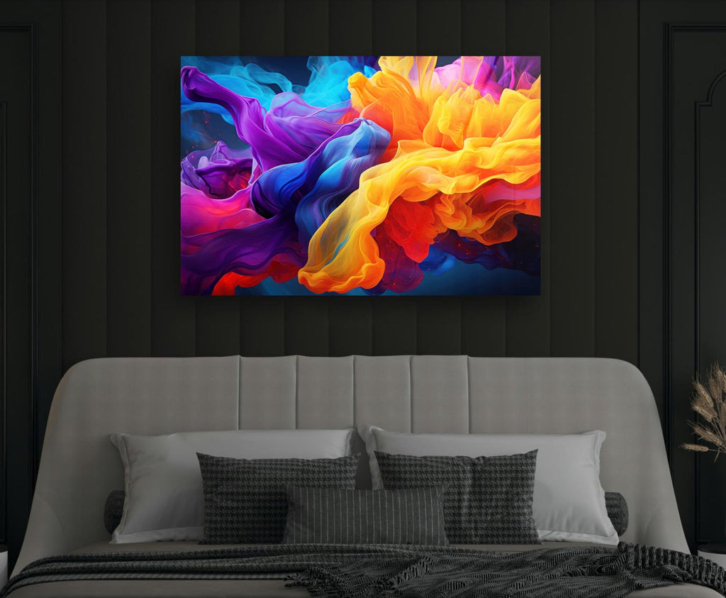 Fiery Fluid Swirl Abstract Glass Wall Art in a modern interior