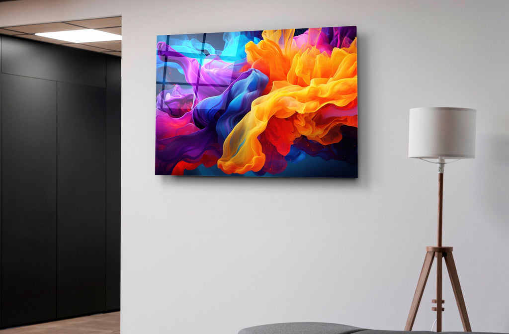 Fiery Fluid Swirl Abstract Glass Wall Art on the wall