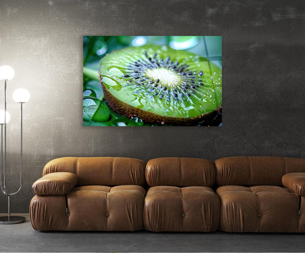 Fresh Kiwi Slice Glass Wall Art in a living room interior