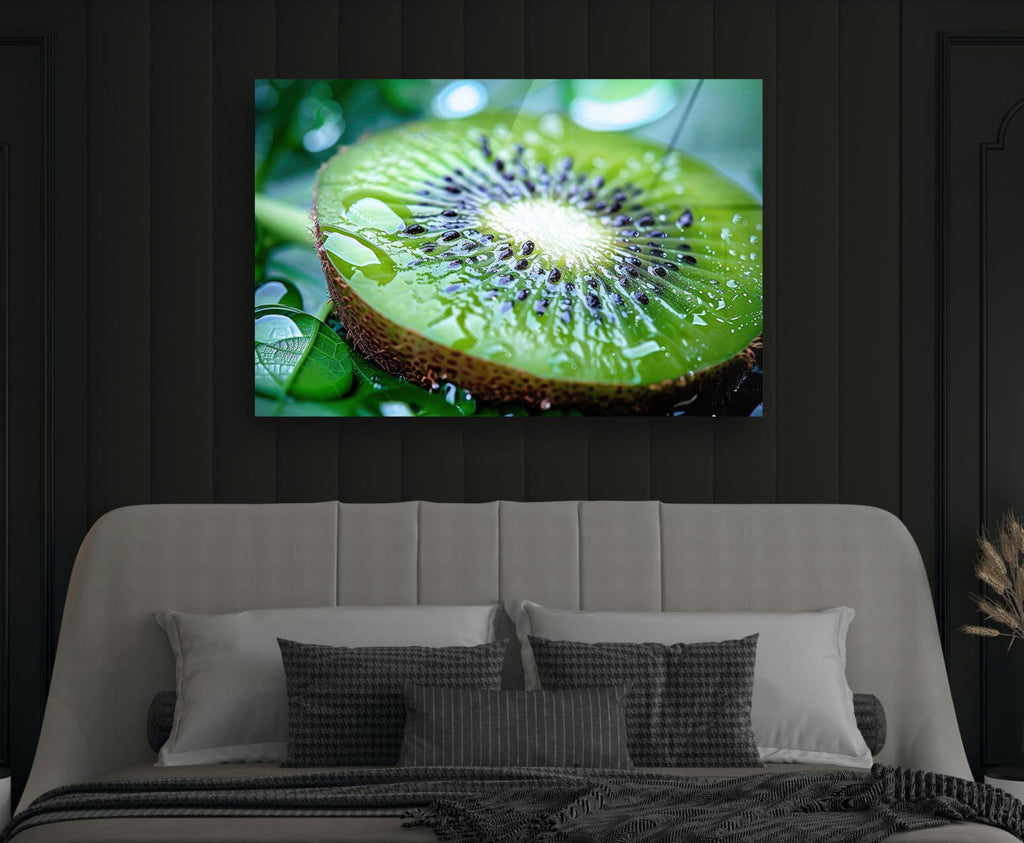 Fresh Kiwi Slice Glass Wall Art in a modern interior