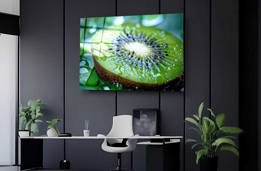 Fresh Kiwi Slice Glass Wall Art on the wall