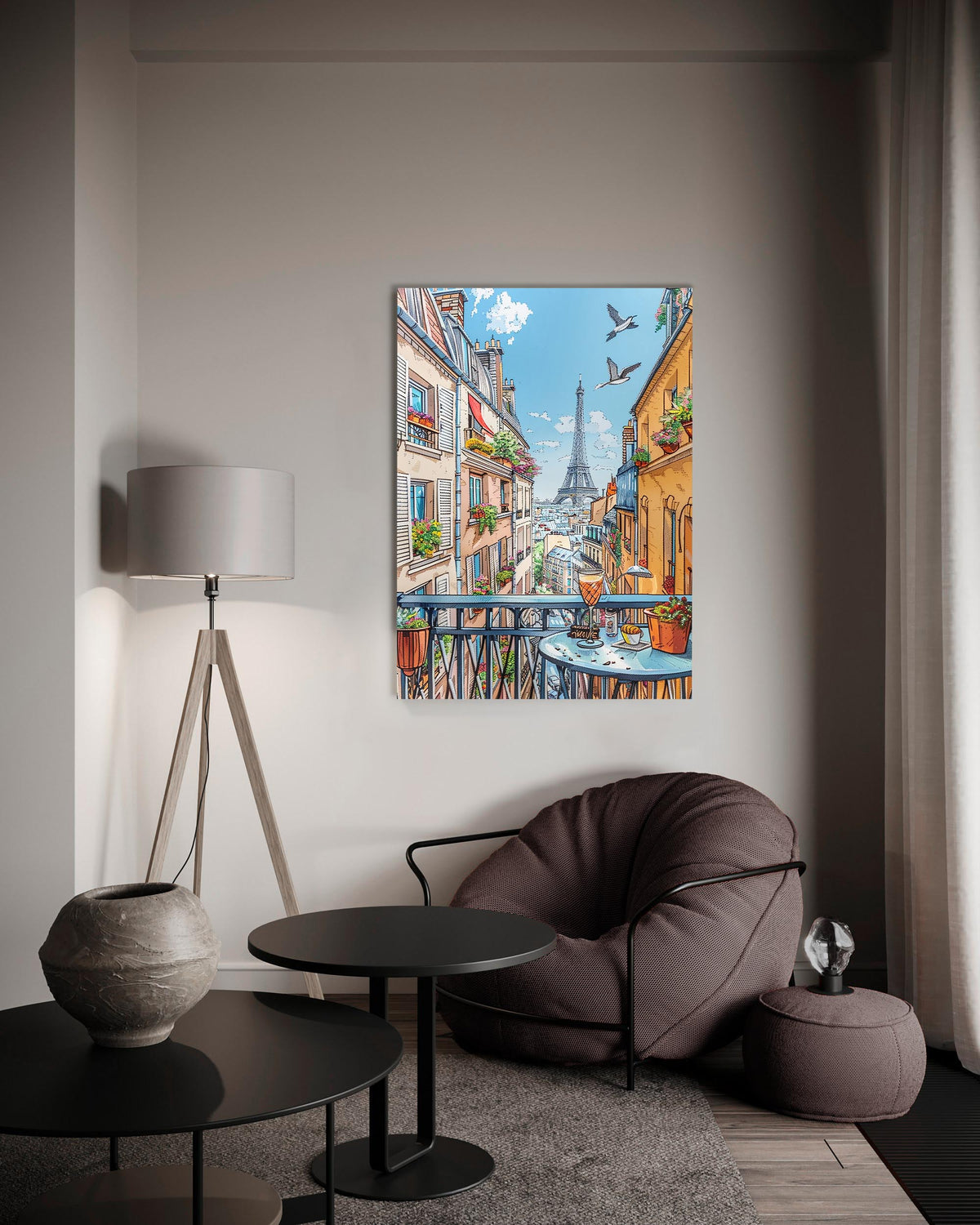 Paris Balcony Eiffel Tower View Glass Wall Art in a living room interior