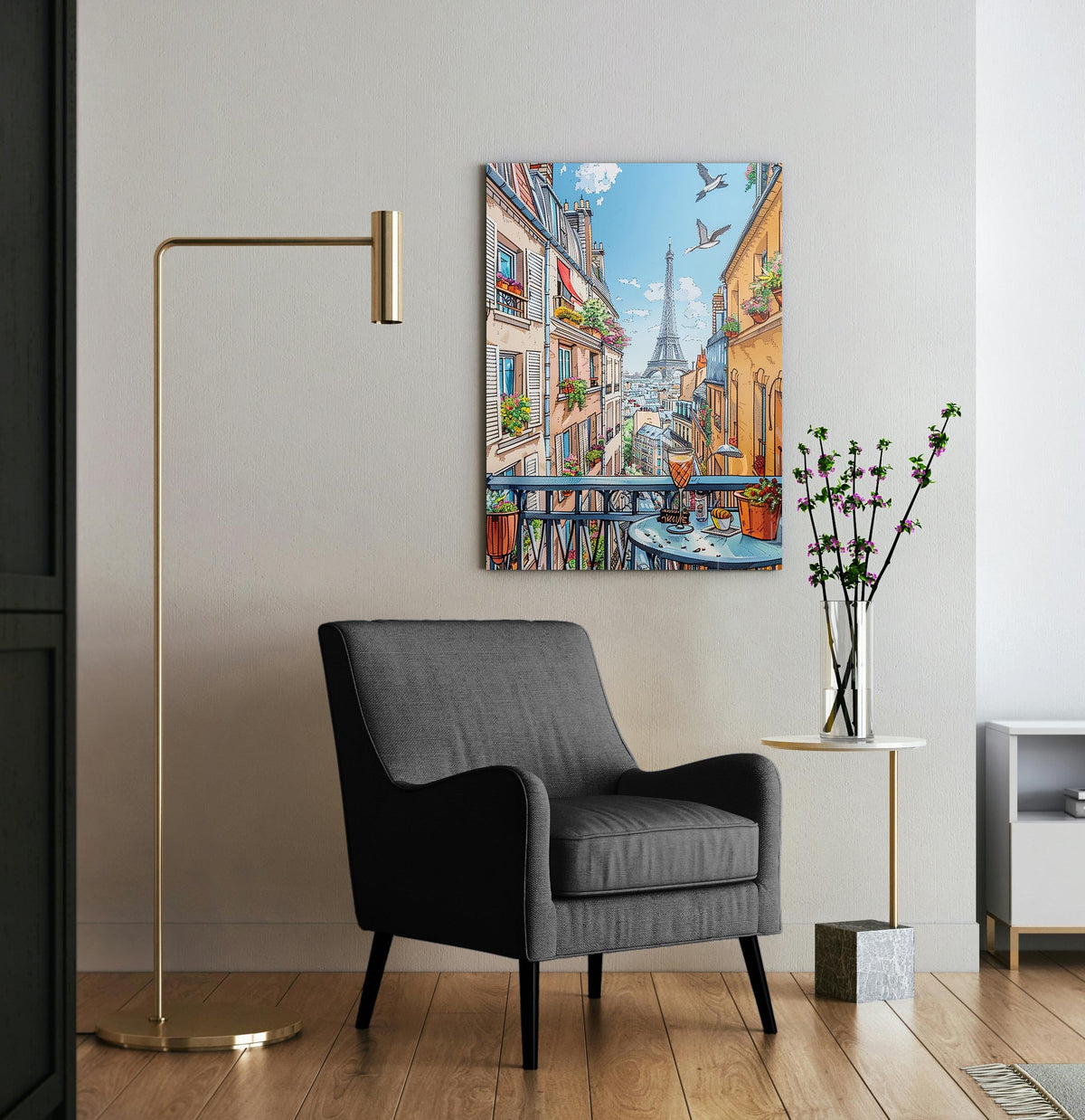 Paris Balcony Eiffel Tower View Glass Wall Art in a modern interior