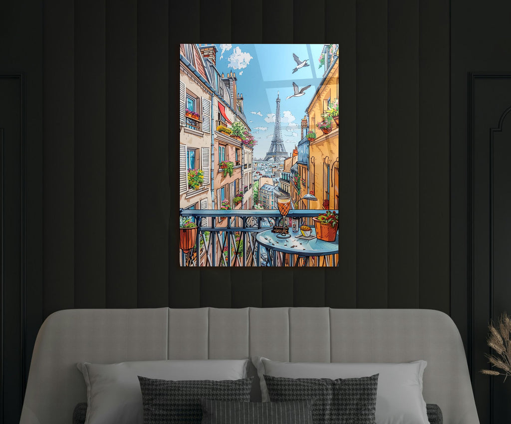 Paris Balcony Eiffel Tower View Glass Wall Art on the wall