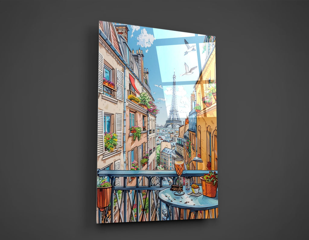 Paris Balcony Eiffel Tower View Glass Wall Art close-up