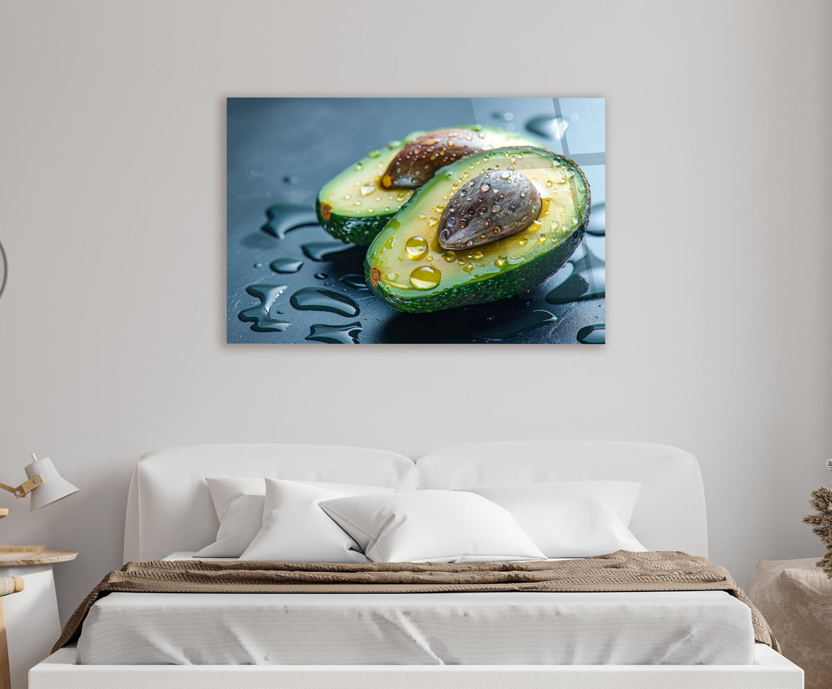 Fresh Avocado Halves Glass Wall Art in a modern interior