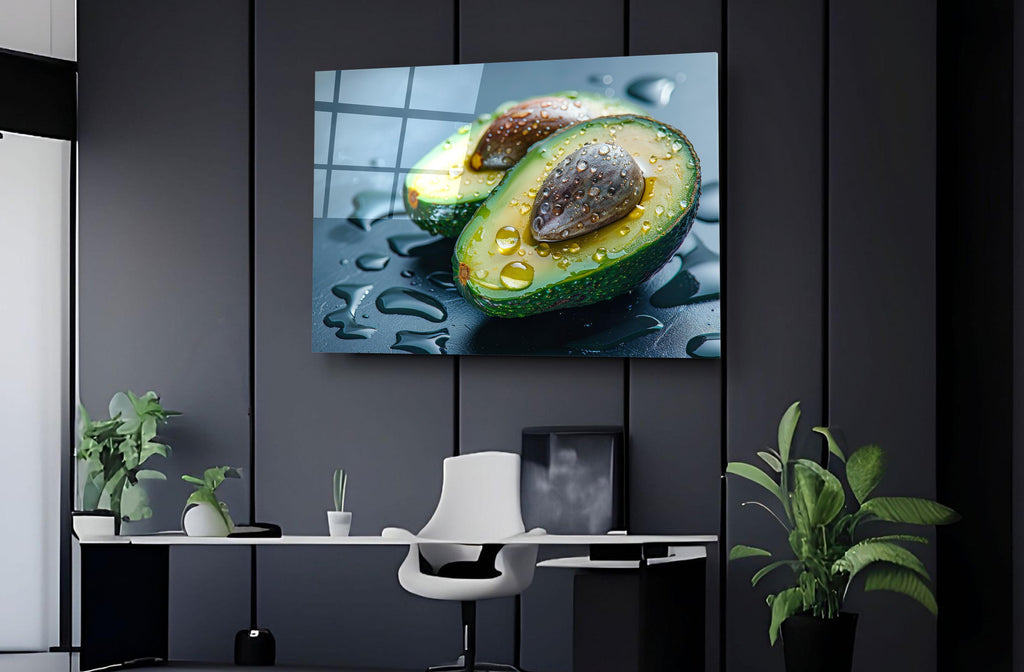Fresh Avocado Halves Glass Wall Art on the wall