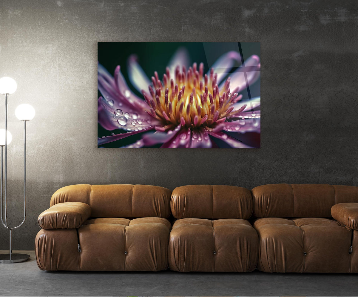 Purple Water Lily Macro Glass Wall Art in a living room interior