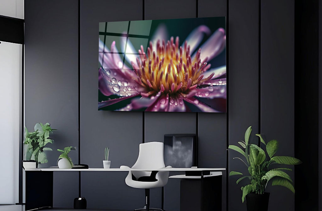 Purple Water Lily Macro Glass Wall Art in a modern interior