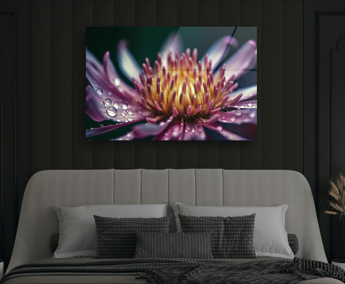 Purple Water Lily Macro Glass Wall Art on the wall
