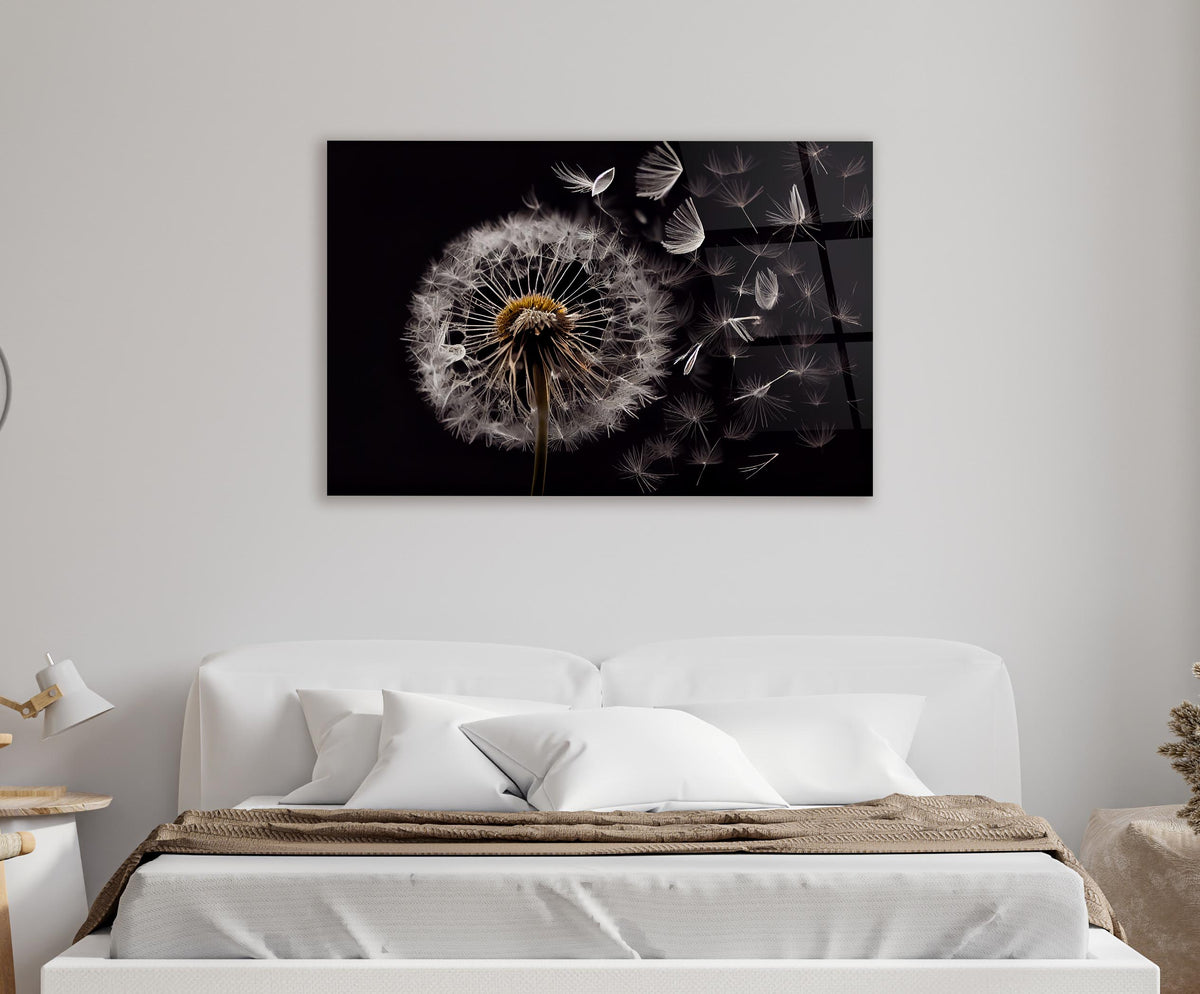 Dandelion Seeds on Black Glass Wall Art in a living room interior