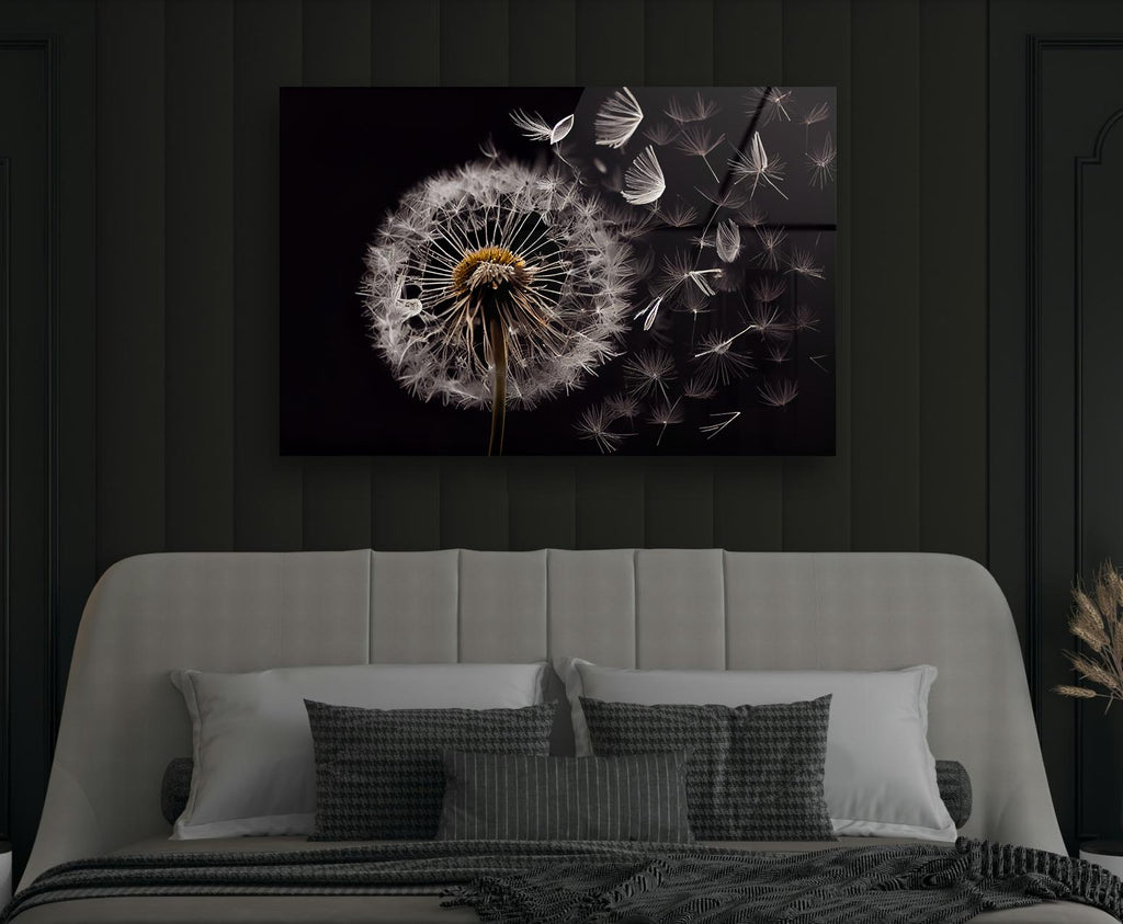 Dandelion Seeds on Black Glass Wall Art in a modern interior