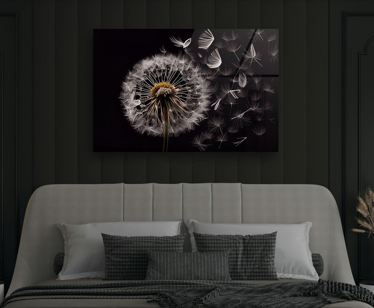 Dandelion Seeds on Black Glass Wall Art in a modern interior