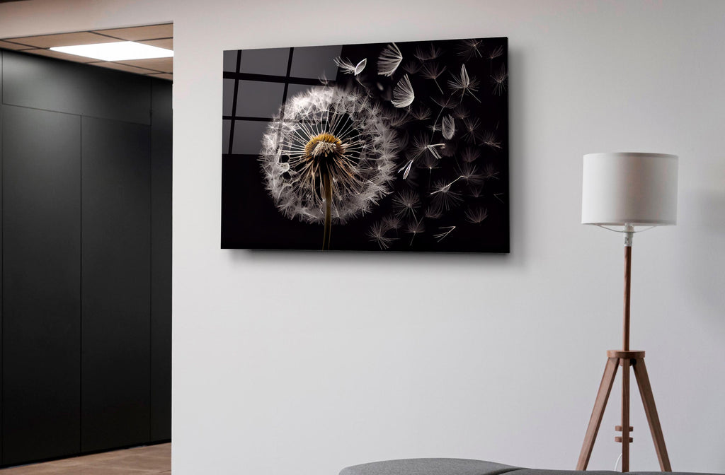 Dandelion Seeds on Black Glass Wall Art on the wall