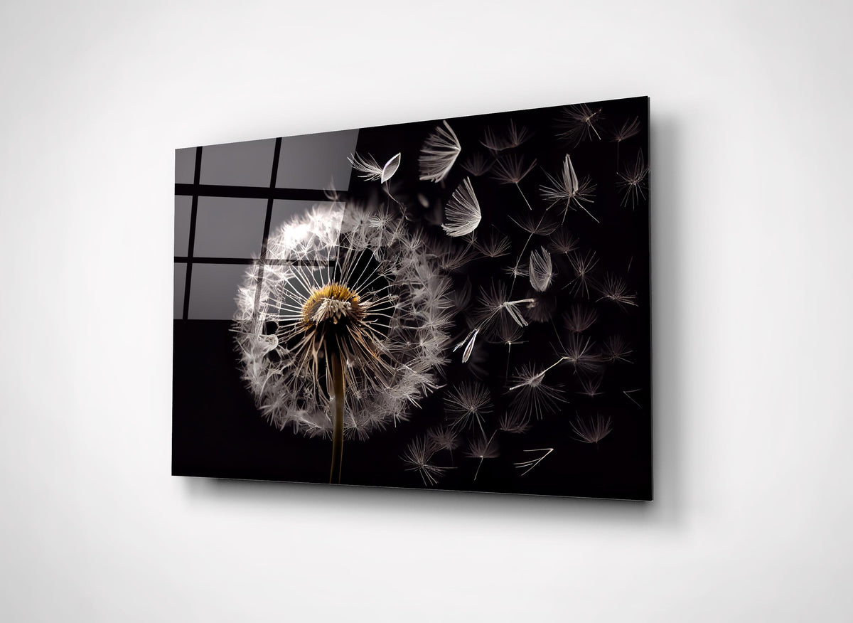 Dandelion Seeds on Black Glass Wall Art close-up