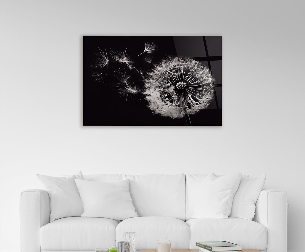 Black and White Dandelion Glass Wall Art in a living room interior