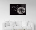 Black and White Dandelion Glass Wall Art in a living room interior