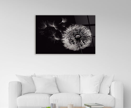 Black and White Dandelion Glass Wall Art in a living room interior