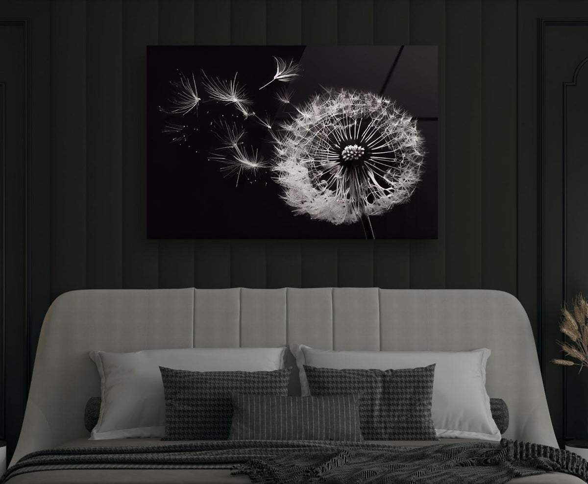 Black and White Dandelion Glass Wall Art in a modern interior