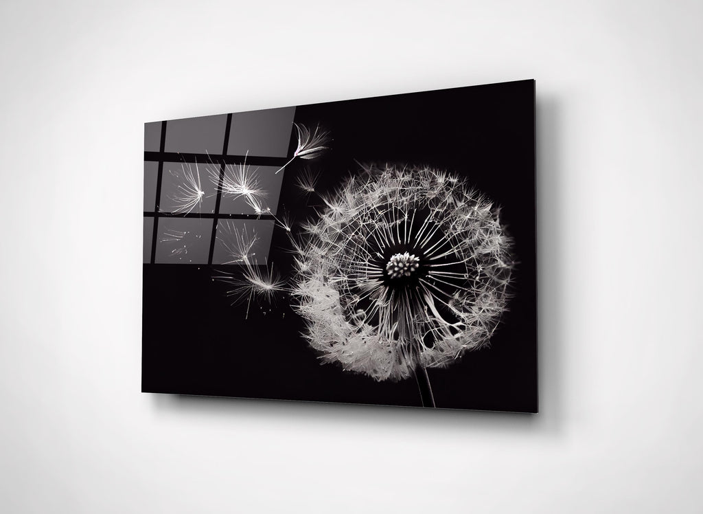 Black and White Dandelion Glass Wall Art close-up