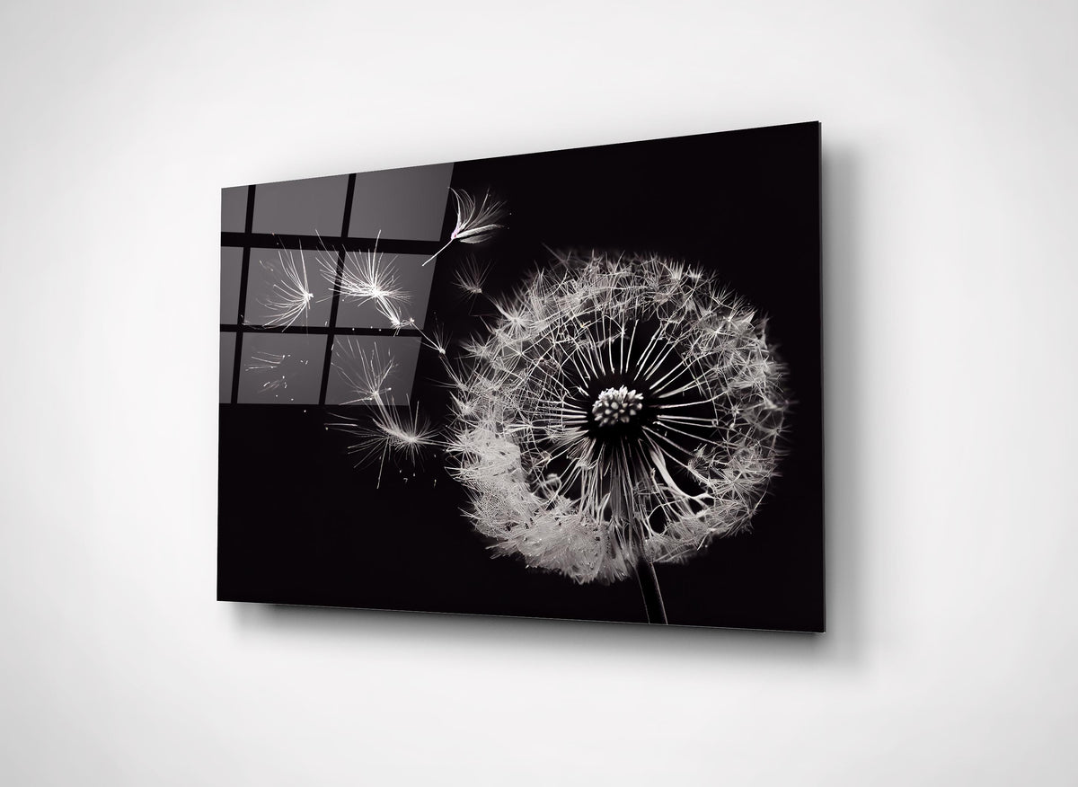Black and White Dandelion Glass Wall Art close-up