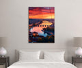 Sunset Over River Bridges Glass Wall Art in a living room interior