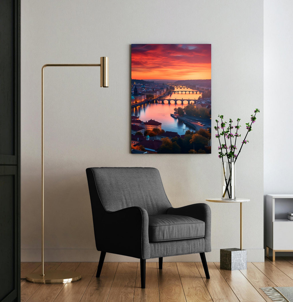 Sunset Over River Bridges Glass Wall Art in a modern interior