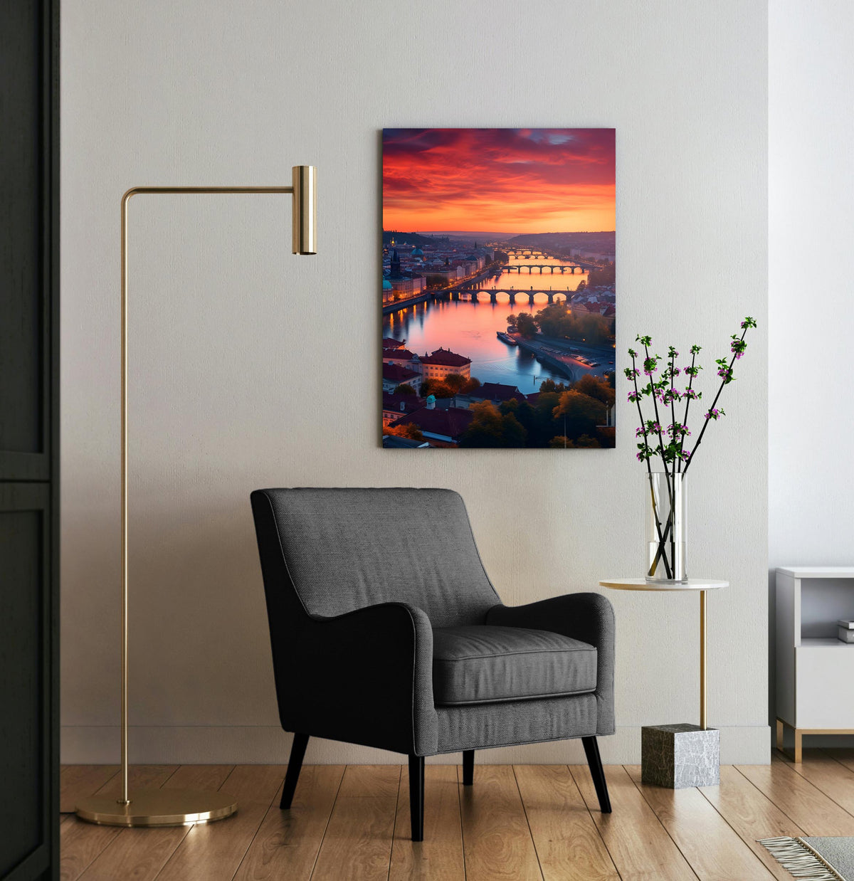 Sunset Over River Bridges Glass Wall Art in a modern interior